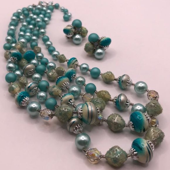 Vintage (Japan) Triple Layer Bead Necklace & Earrings Set - Picture 3 of 10